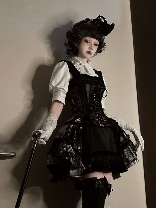 Ruffles and Black Lolita with Boned Short Pearl Shell Gothic Print Dress Corset