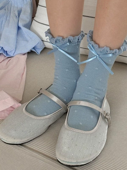 Muster Polka-dot Bowknot Details Wadenbündchen Socken Rüschen Weiß/Schwarz/Rosa/Blau/Gelb