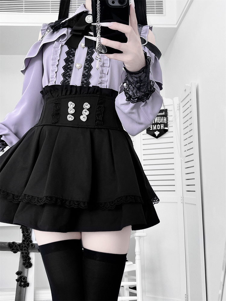 | Shoulder Kei Cutout Blouse with Dusty Purple Heart Decorative Look Buckle Jirai