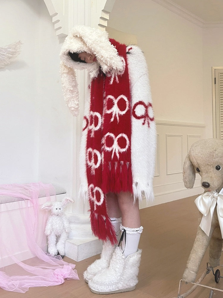 Long Fringe Scarf with Bow Pattern Festive Christmas Red