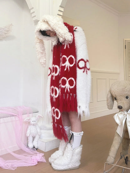 Long Fringe Scarf with Bow Pattern Festive Christmas Red