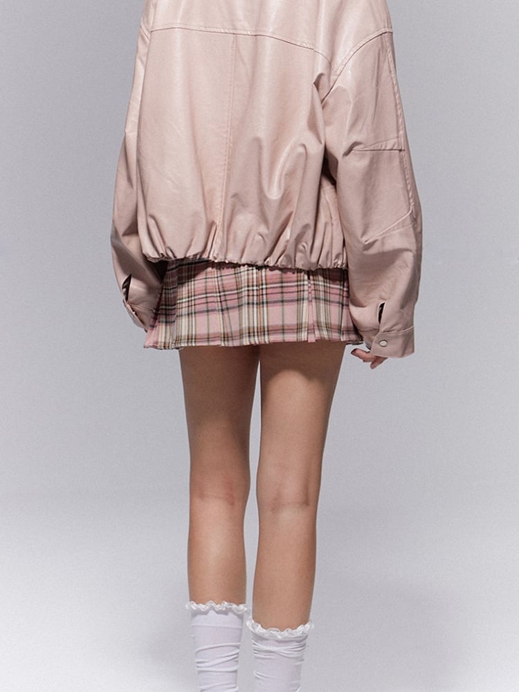 Plaid Lined Pleat Preppy Zipper Style Side Box A-Line Silhouette Pink with Skirt Mini