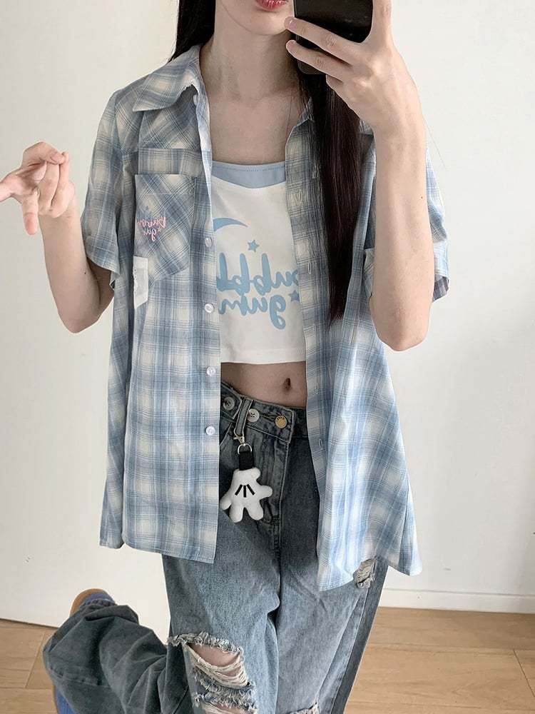 with Back Plaid Shirt Sleeves Short Blue Back Slit Bow Self-tie