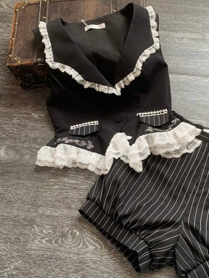 Schwarz-weißes Ouji Lolita-Komplettset: Hemd + Weste + Shorts + Jabot