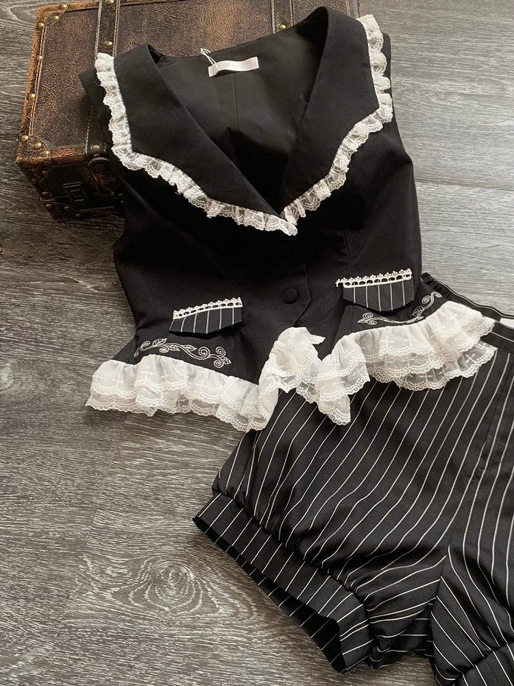 Ouji Lolita Waistcoat with Cross Embroidery and Lace Hem - With PUJI