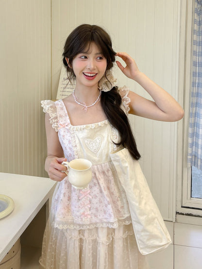 Rosa Tanktop mit flatternden Ärmeln, Schleife und Rüschen, Blumenmuster, Spitzenbesatz