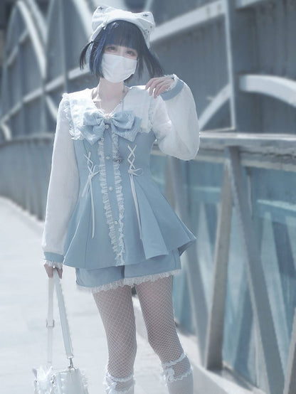 Lace Lace-up Sleeves Trim Light Decorated Details + Long Blue Shorts Kei Top Bowknot Outfit-Beaded Jirai