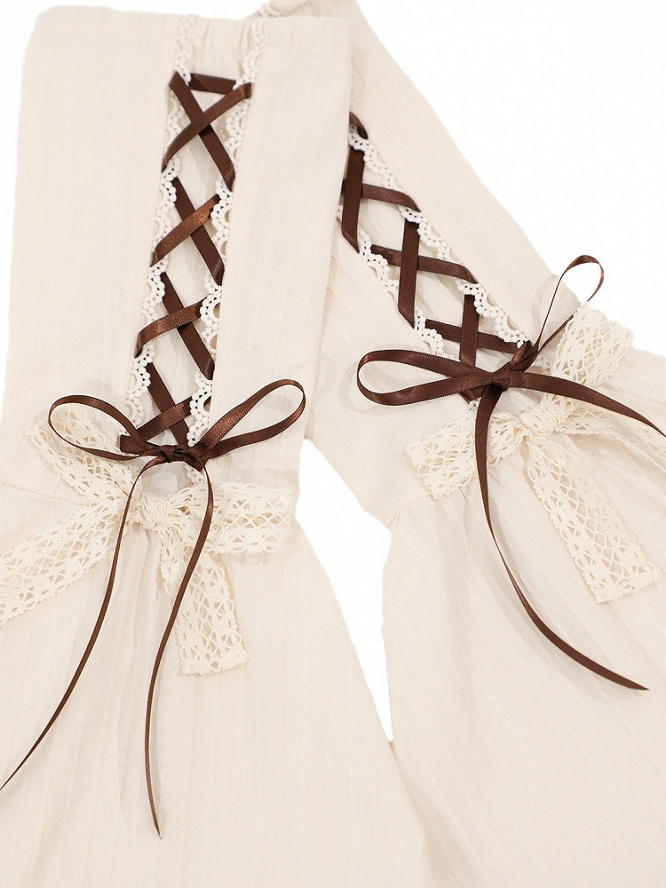 Vintage Beige Lace-Up Detachable Bell Sleeves with Lace Trim - Twin Bear Original Design