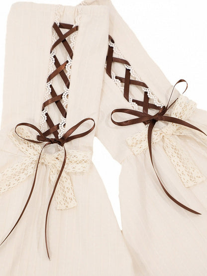 Vintage Beige Lace-Up Detachable Bell Sleeves with Lace Trim - Twin Bear Original Design