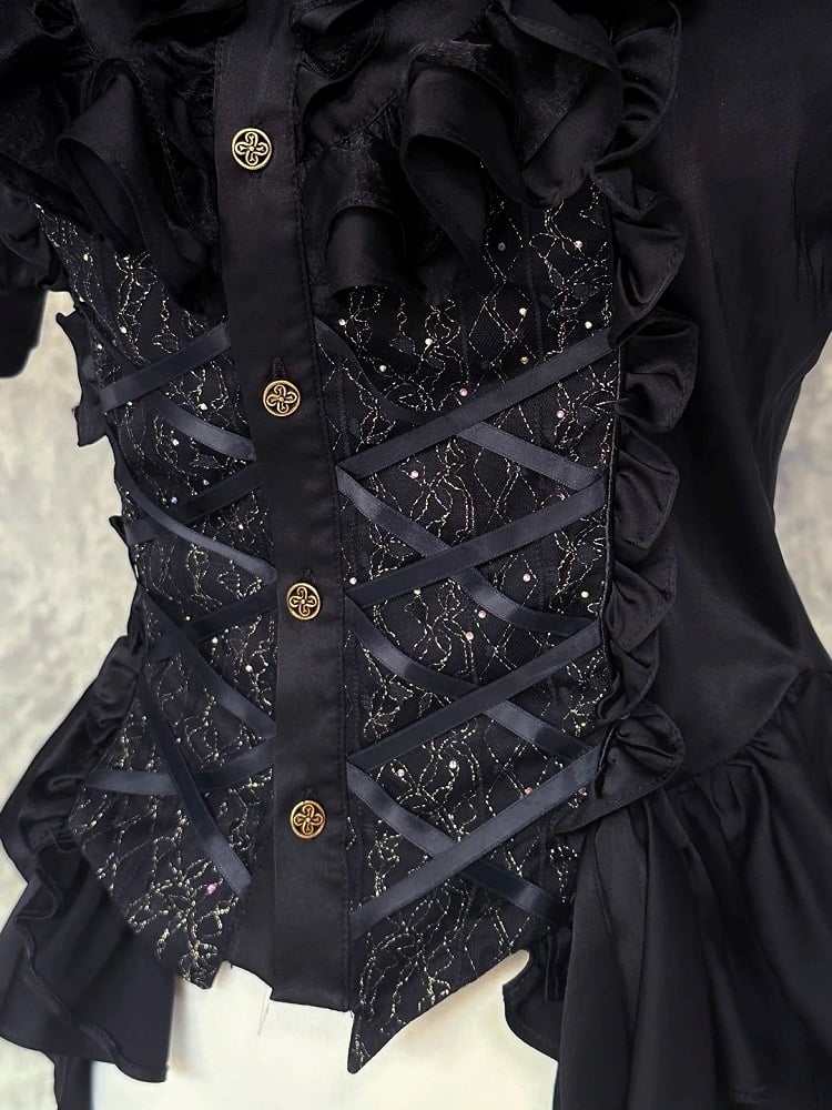 Accents Black Sleeves Shirt Short Ruffle with Ouji Lolita Gothic