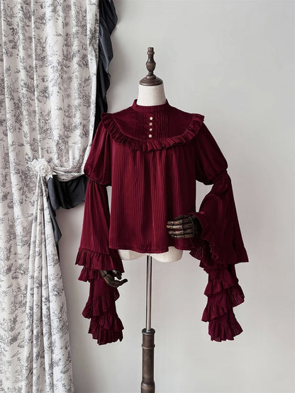 Striped Bell Fabric Gothic Blouse Sleeves Red Flounce