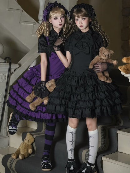 Gothic Tiered Bow Black Accents Lolita with Ruffles Dress
