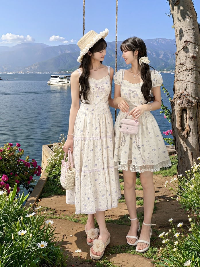 Kei Blumenkleid Mori Beige, quadratischer Ausschnitt und kurze Puffärmel