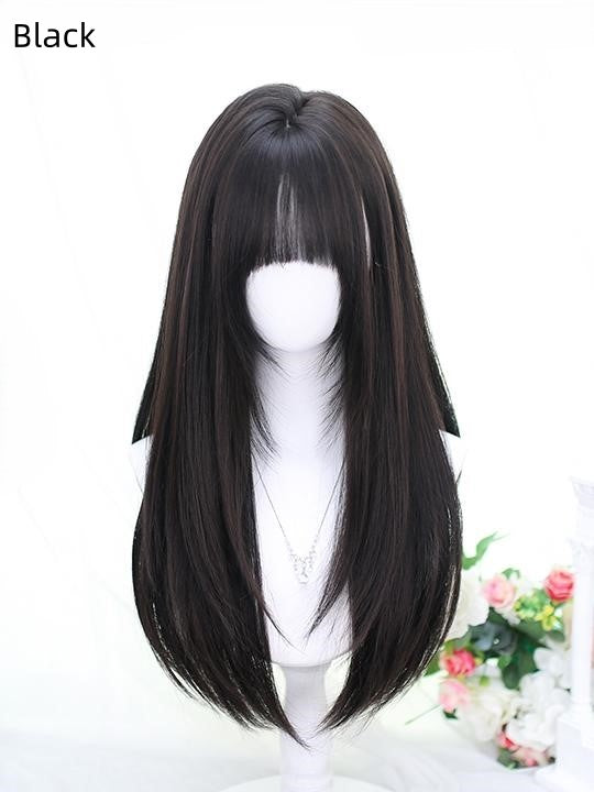 Bust Straight Full Wig Length Black/Brown Bangs Under