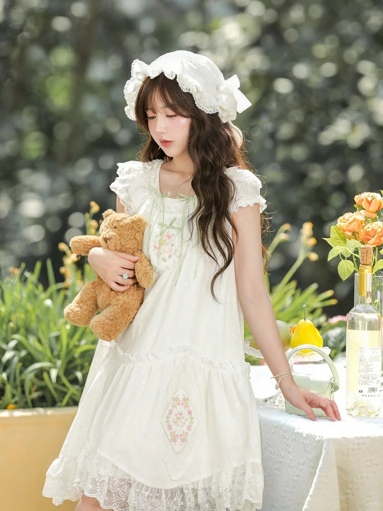 Trim Mori Kei Dress White Floral Embroidery Lace
