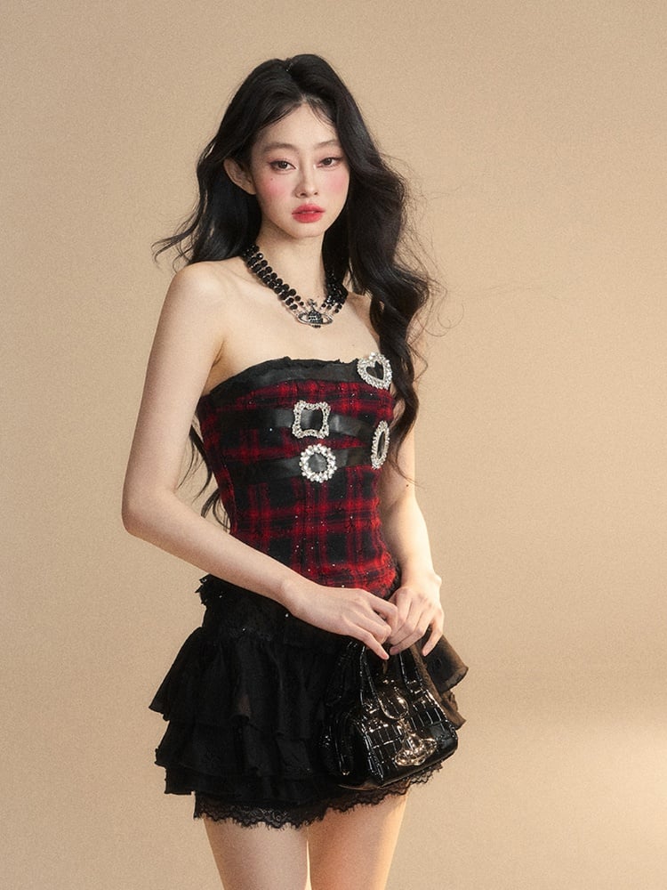 Schwarz kariertes Strassschnallen Spitzenbesatz Glamouröses trägerloses Top Rot
