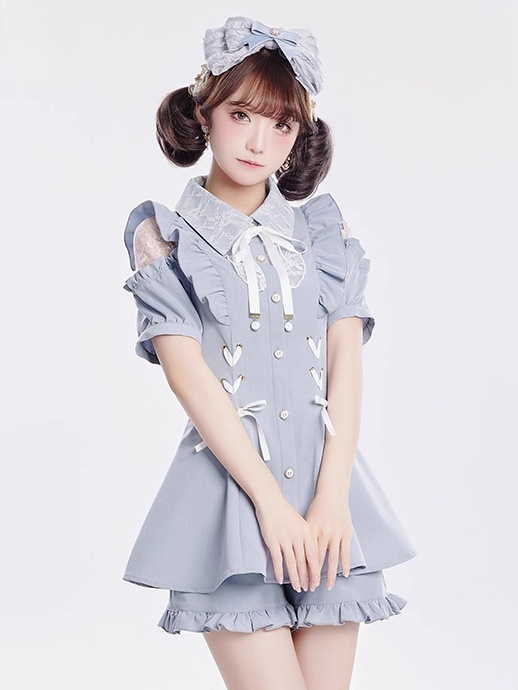 Coord Shorts with Kei Lace Set: Top Alice Cut-Out Brooch Bow Jirai Shoulder Blue