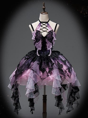 Purple Black Tulle with Hem Gothic Applique Dress Multi-Layer Halter Lolita Asymmetric Butterfly Lace-Up