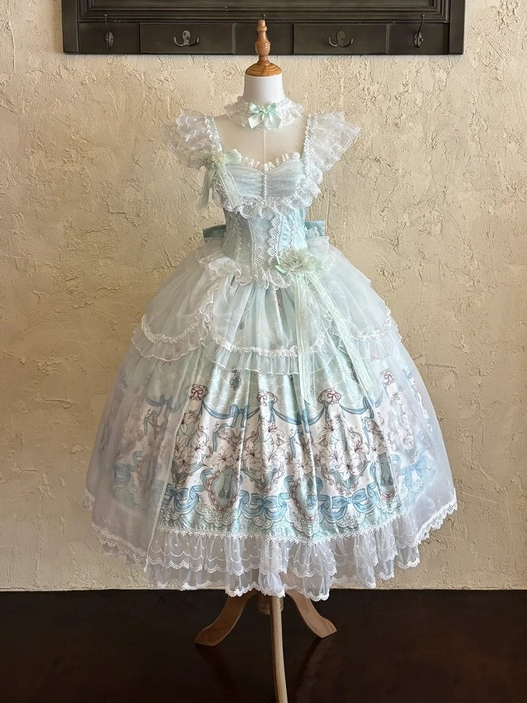 Mint Green Lolita JSK Gown with Lily Print and Tulle Overlay - White Sugar Girl