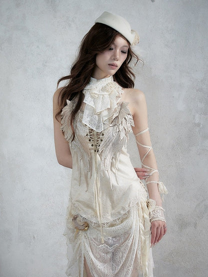 Beige Wing-Embroidered Corset Top with Lace Accents - NO ROMANCE