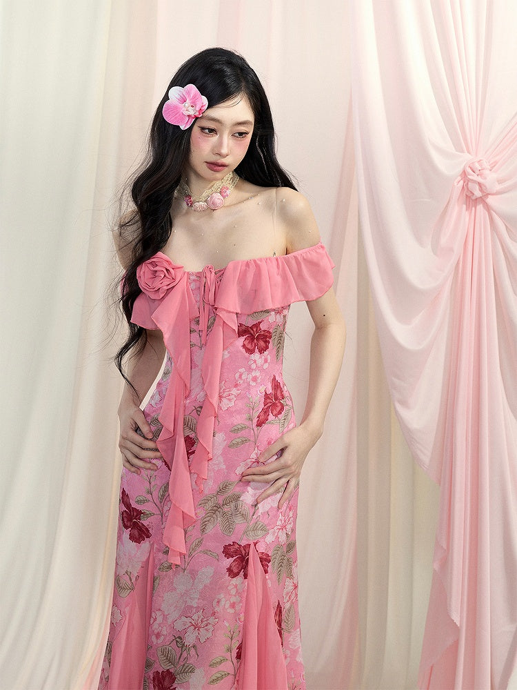Rose Manor Pink Off-the-Shoulder Cascading Ruffle Accents Floral Chiffon Dress