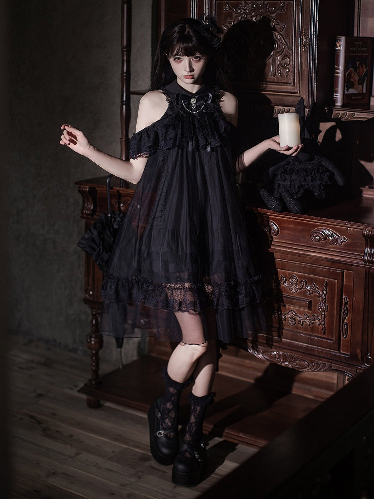 Cutout Shoulder Jirai Kei Dress in Black with Sheer Overlay, Lace & Bow Tie - Ekomi