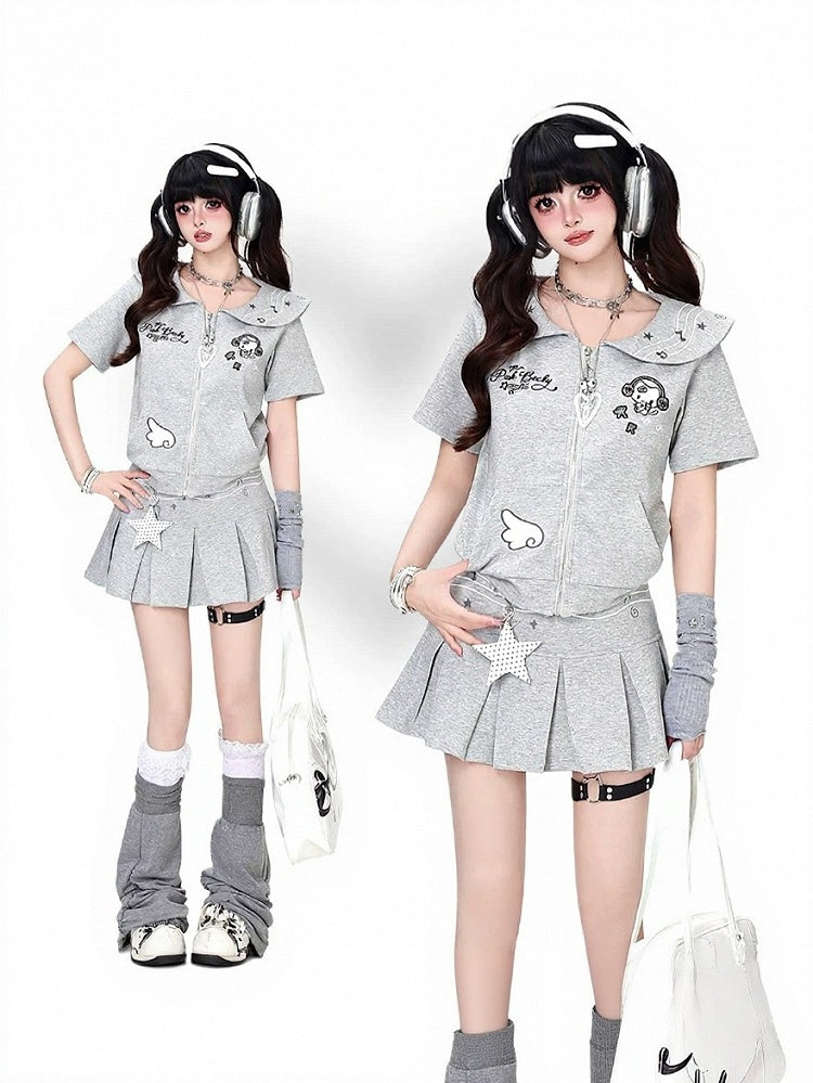 Gray Sailor Collar Zip-Up Tee with Kitty Embroidery - CRAZY GIRL