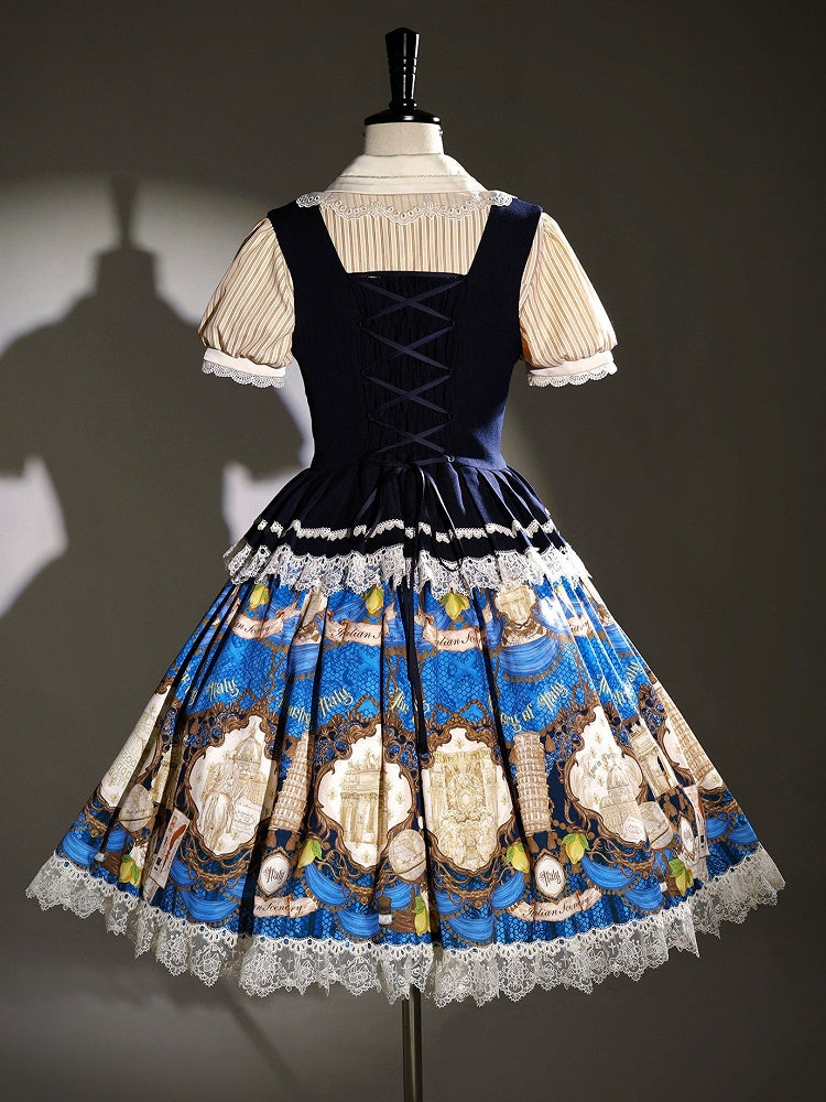 British Style Navy Striped Lolita OP Dress with Delicate Lace Trim - Alice Girl