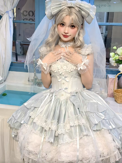 Hime Basque Flower Lace Layered Fluffy Lolita Dress Blooming with Blue Accents Waist | Sheer Ocean
