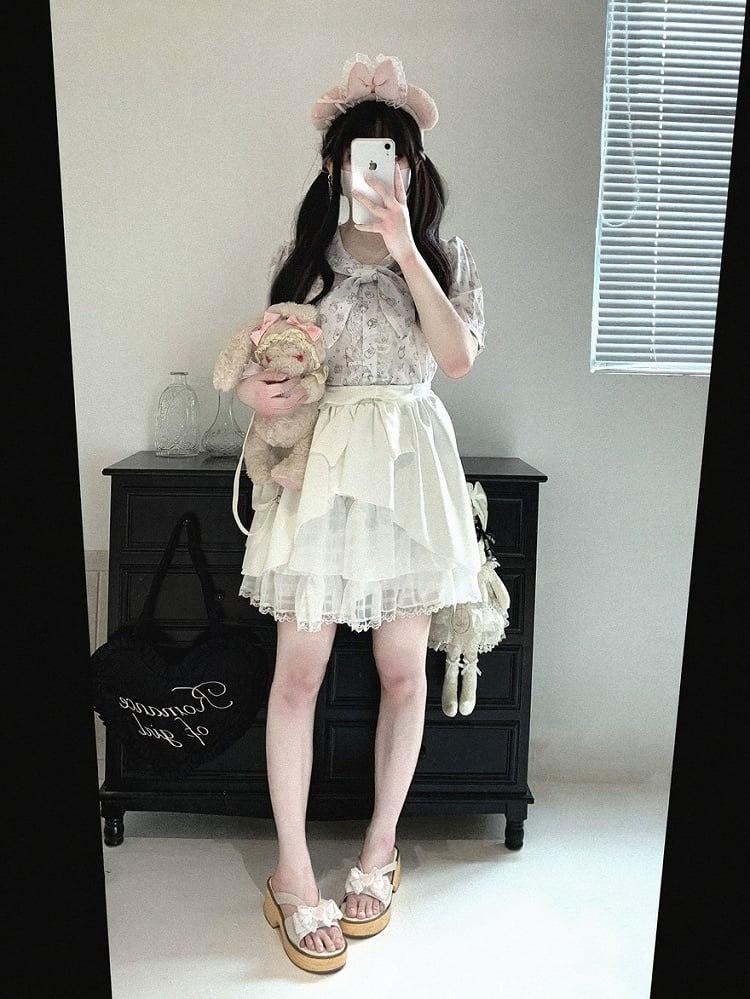 Bunny Ear Bow Collar Blouse, Short Sleeve, Pink & White Print - Kitty Bxllet