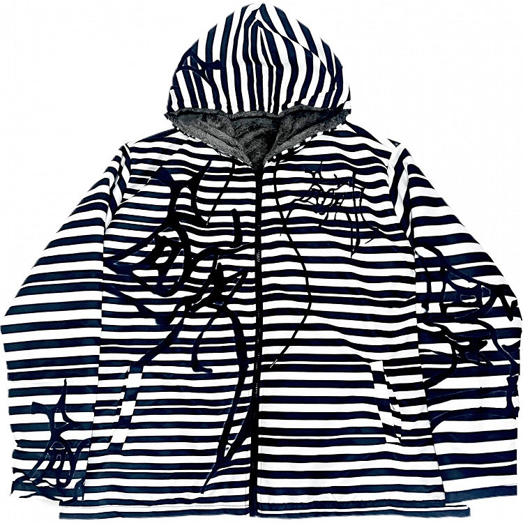 Hoodie Oversized Gyaru Schwarz-Weiß Muster Mode Reißverschluss Gestreifter Verschluss