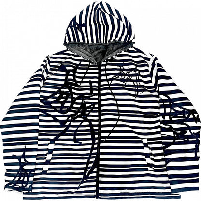 Hoodie Oversized Gyaru Schwarz-Weiß Muster Mode Reißverschluss Gestreifter Verschluss