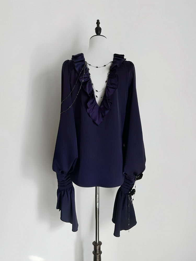 Lilac Lace-Up Ruffle Shirt with Black Flower Chains - Shi Zhi Mao