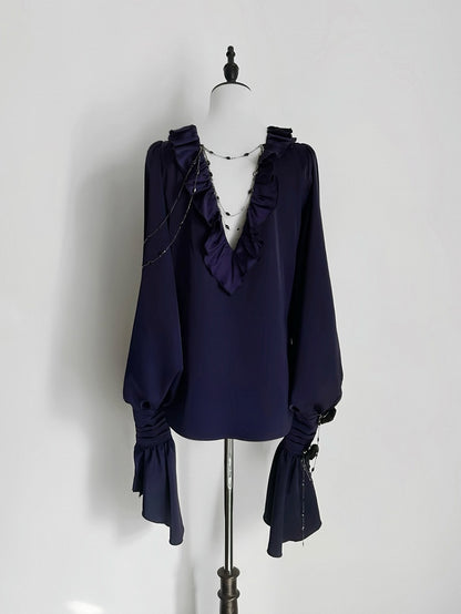 Lilac Lace-Up Ruffle Shirt with Black Flower Chains - Shi Zhi Mao