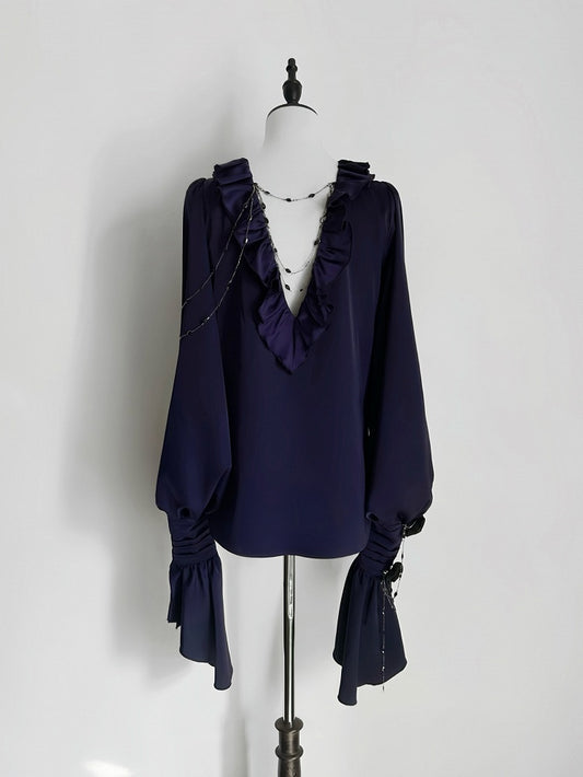 Lilac Lace-Up Ruffle Shirt with Black Flower Chains - Shi Zhi Mao