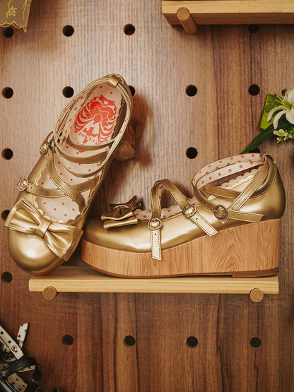 Design PU Shoes with Sweet Bow Lolita Crisscross Golden Accent Platform Wedge