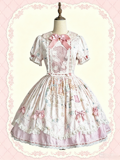 Sweet Lolita OP Dress Set with Puff Sleeves, Bear Print and Floral Embroidery - Treasure House