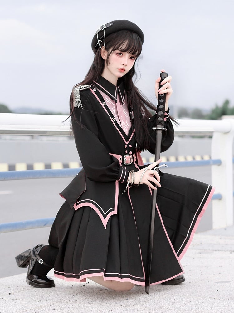 Military Lolita V-Neck Ruffled Dress – Black & Pink, Ying Luo Fu