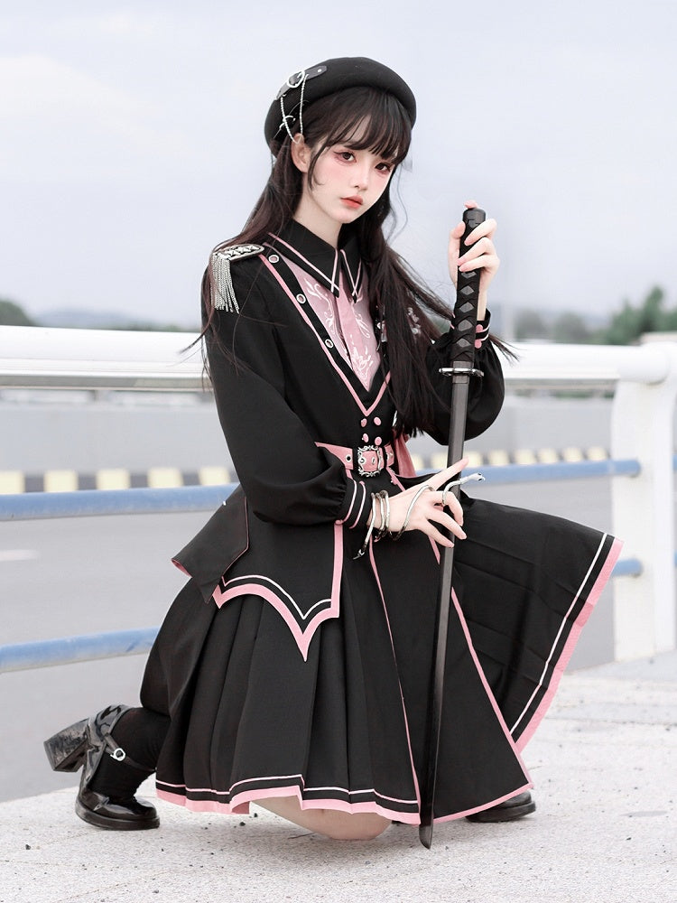Ruffled Military Lolita Dress with Belt and Buttons - Ying Luo Fu