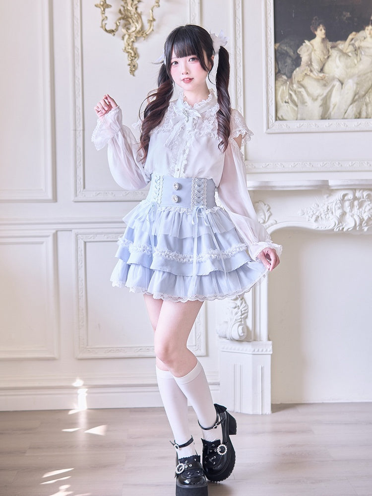 Rhinestone Embellishments Blue Jirai Kei Light Tiered Skirt with Lace-up High Waist