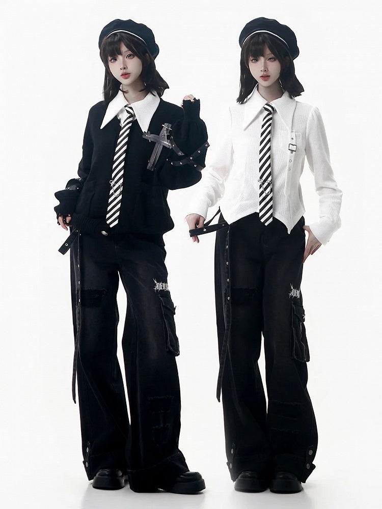 Strap Jeans Cuffs with Straight-Leg Black Rolled and Fixed Buckle