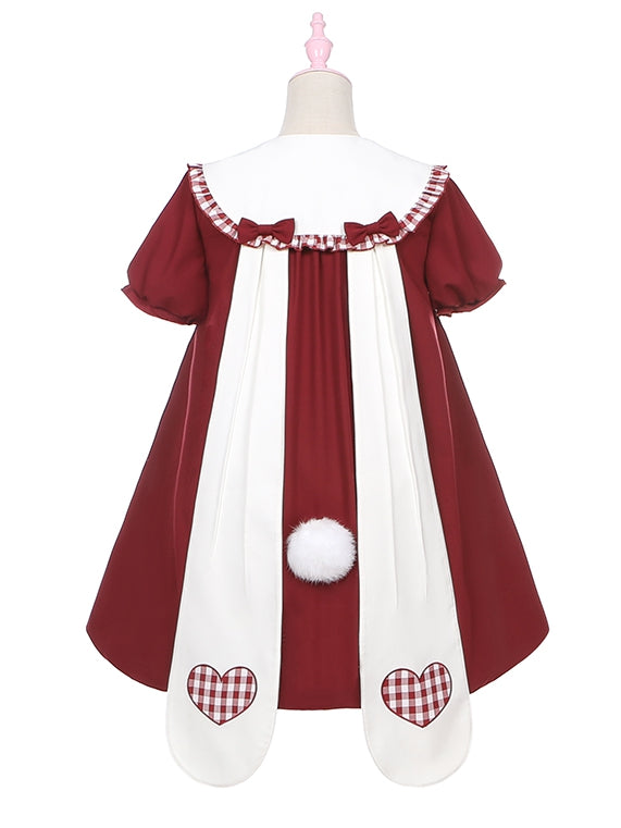 Robe à jupe boule rouge vin avec oreilles de lapin et col Peter Pan