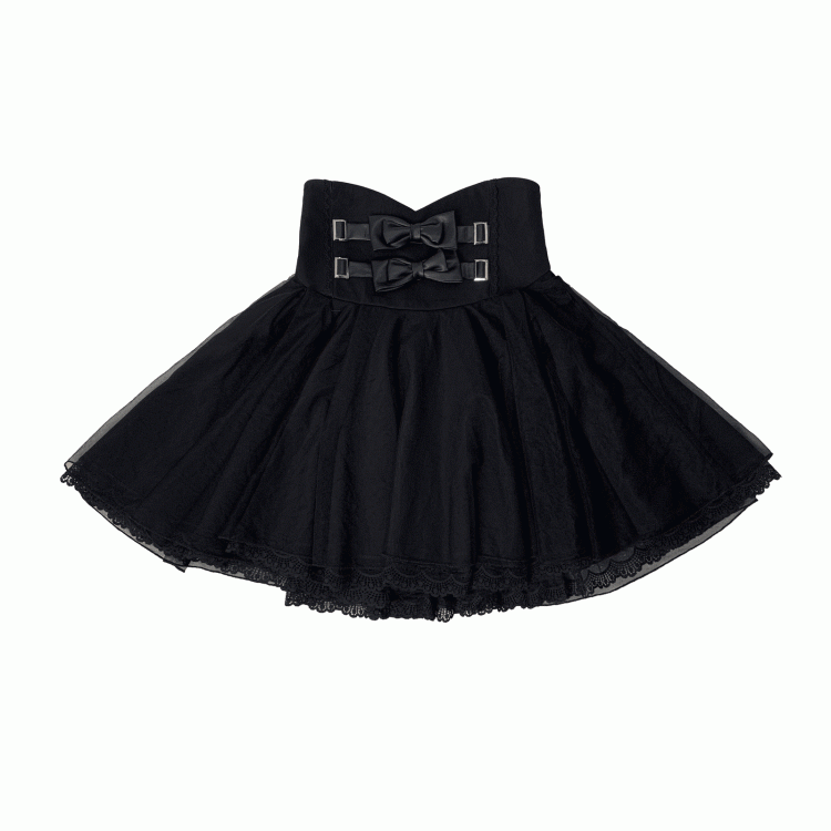 Jirai Kei Black High Waist Skirt with Overlay and Double Bowknot Accents