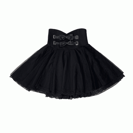 Jirai Kei Black High Waist Skirt with Overlay and Double Bowknot Accents