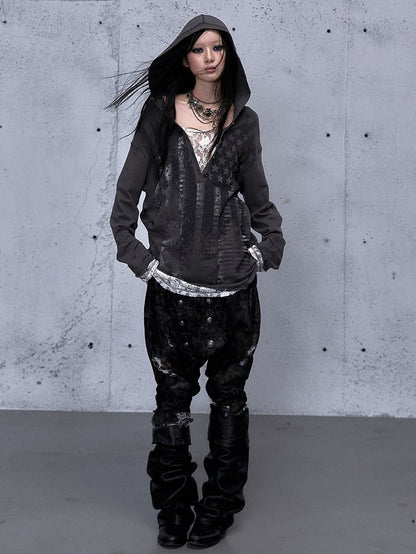 Hooded V-Neck Gray Dark with Loose Top Version Two-piece