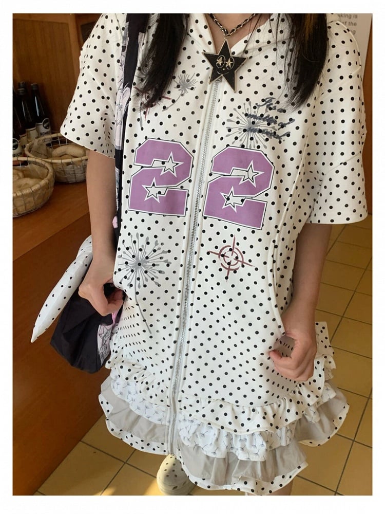 Hoodie Number White Print and with Dots Tiered Ruffles Dress Polka