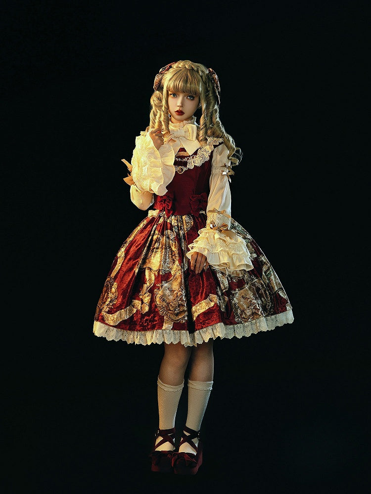 Top+Skirt Classic Lolita Lace-Trimmed Red Wine Set Baroque Elegant