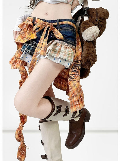 Plaid Shorts And + Pattern Polka-dot Orange Blue Y2K