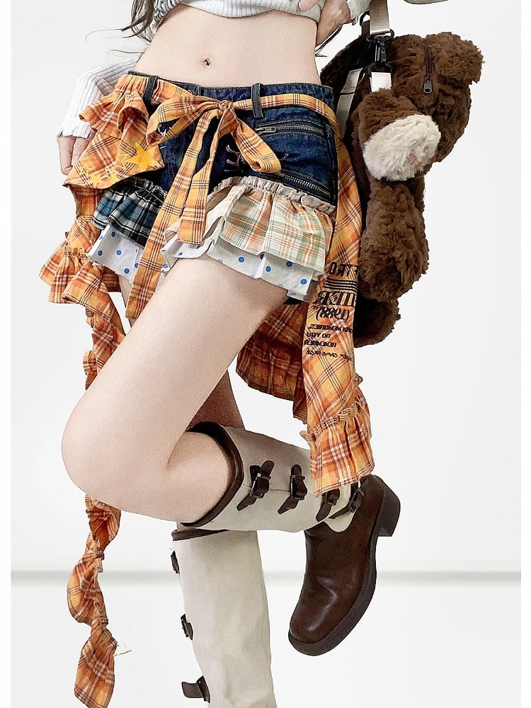 Plaid Y2K And + Pattern Orange Polka-dot Shorts Blue