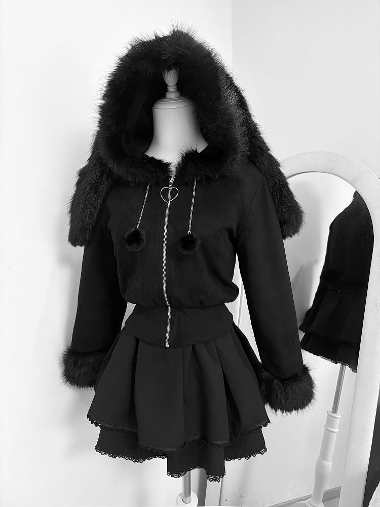 Hooded Fur Kei Warm and with Padded Short Collar Bunny Ear Jirai Black Jacket Cuffs